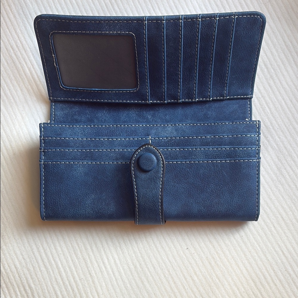 Navy Blue Suede Wallet with Curved Flap - Picture 2 of 7